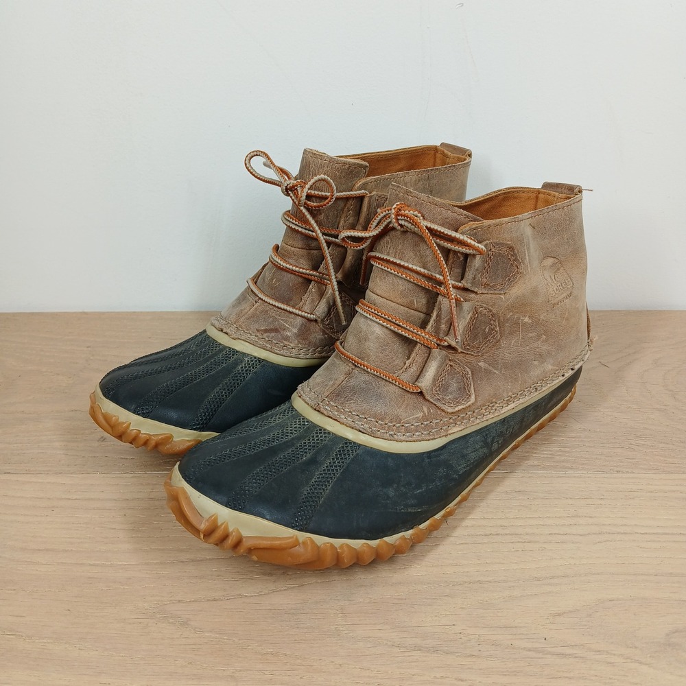 Sorel Out N About Duck Boots Women 10 Brown Leather Rubber Waterproof Ankle